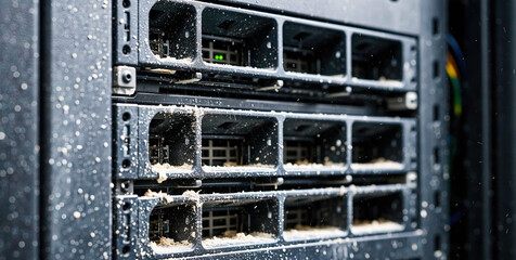 Close-up of dusty server rack with multiple slots