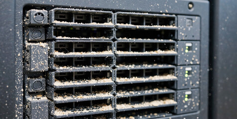 Dirty Server Rack with Dusty Hard Drives in Data Center