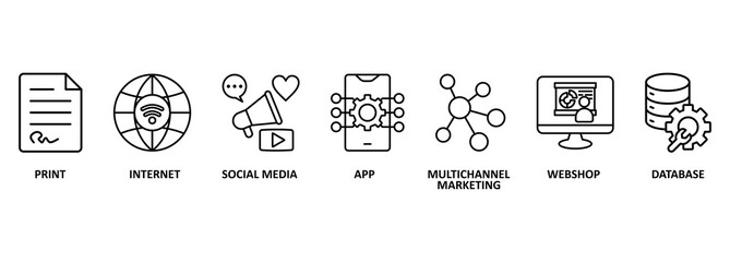 Cross media banner web icon vector illustration concept with icon of print, internet, social media, app, multichannel marketing, webshop and database 