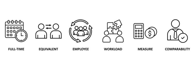 Fte banner web icon vector illustration concept of full time equivalent with icon of full-time, equivalent, employee, workload, measure and comparability 