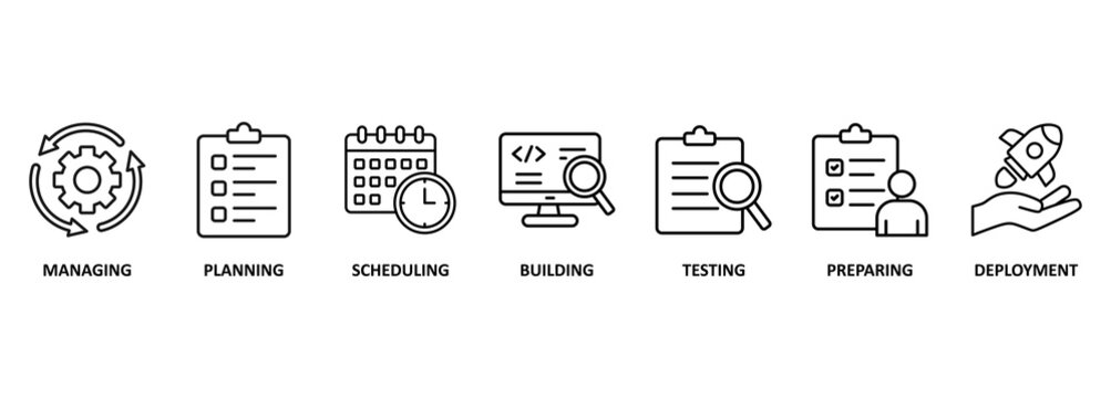 Release management banner web icon vector illustration concept with icon of managing, planning, scheduling, building, testing, preparing and deployment 