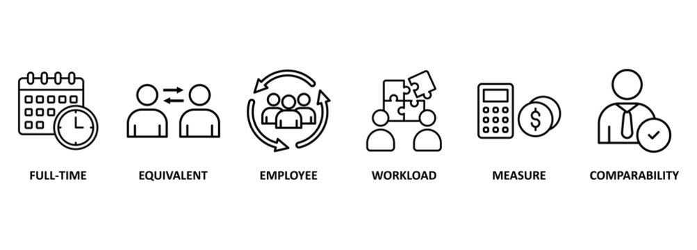 Fte banner web icon vector illustration concept of full time equivalent with icon of full-time, equivalent, employee, workload, measure and comparability 