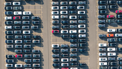 Top down view of imported cars at the Tacoma Port Yard waiting to distribute and deliver to dealers,