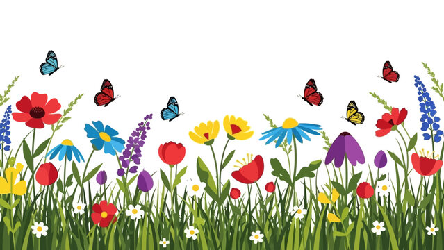 Vibrant flowers and butterflies in a lush green meadow viewed from a low angle