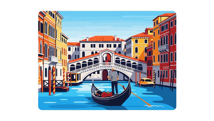Colorful illustration of a gondola passing under a bridge in a vibrant cityscape with historic buildings © Nasima