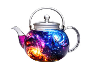 Metallic teapot, galaxy design. Space-themed container with a vibrant cosmic pattern and a shiny handle