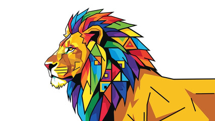 Vibrant illustration of a lion's profile showcasing colorful mosaic mane on a crisp background from a side viewpoint © Nasima