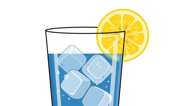 A refreshing glass of blue drink with ice cubes and a lemon slice on the rim, viewed from the side.