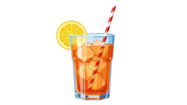 A refreshing glass of iced tea with lemon slice and striped straw on a clean background from a straight-on viewpoint