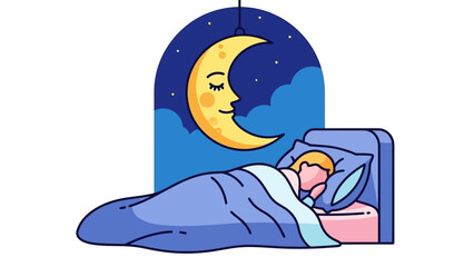 A peaceful night scene of a person sleeping soundly in bed beneath a smiling moon in a serene night sky illustration