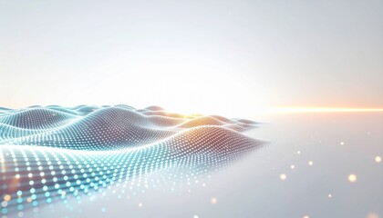 Abstract digital wave landscape with glowing dots and sunrise light