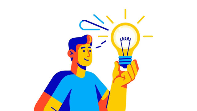 Man holding a glowing lightbulb, symbolizing idea generation and creativity, depicted in a simple illustration style