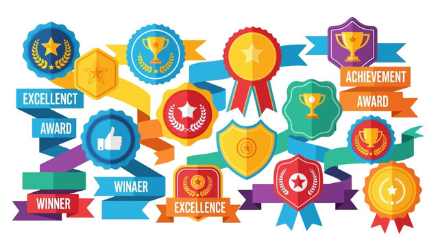 Collection of colorful award badges and ribbons symbolizing excellence and achievement in various categories displayed together