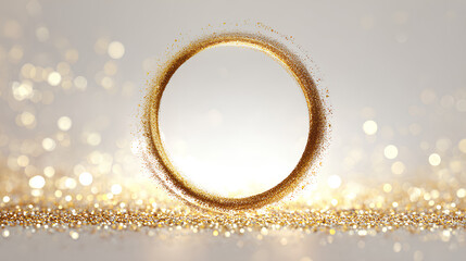 Elegant golden glowing circle with sparkling light particles shiny round frame with glitter and bokeh effect white background overlay decoration