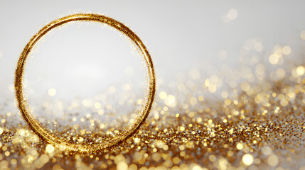 Elegant golden glowing circle with sparkling light particles shiny round frame with glitter and bokeh effect white background overlay decoration