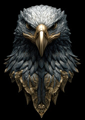 A stunning eagle sculpture stands majestically, showcasing detailed feathers and a fierce expression. Its metallic surface shines under soft lights, creating a captivating allure.