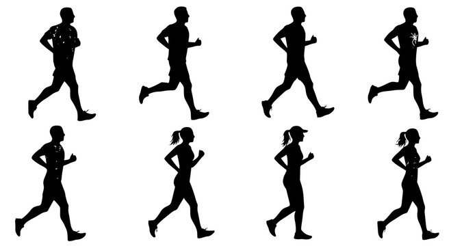 Running men and women, isolated vector silhouettes. Run, side view. Silhouettes of athletic looking male and female runners running. JPEG version.