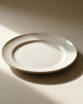 Leerer Keramikteller mit schmalem Rand auf neutralem Untergrund