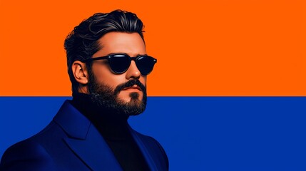 Fototapeta premium Portrait of a Man in Blue Suit with Sunglasses Against Orange and Blue Background