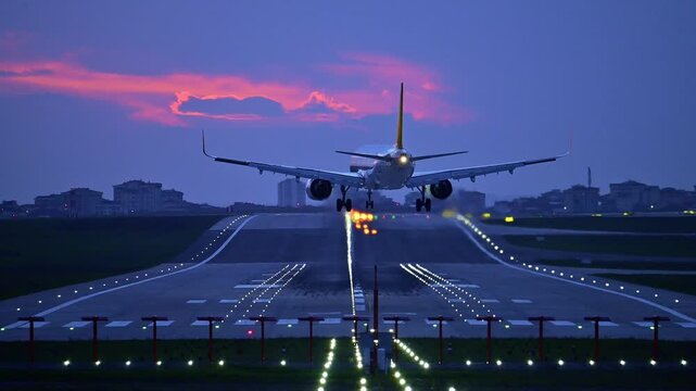Commercial Twin-Engine Passenger Aircraft Landing in Strong Crosswinds at Sunset