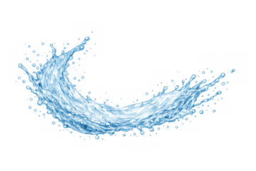 Water splash arc forming dynamic liquid waves and droplets, representing freshness, purity, and motion on transparent background