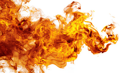 Fiery orange flames burning intensely isolated on a white background