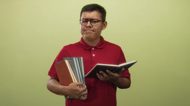 Hispanic man holding textbooks and reading with furrowed brow in green studio wearing red polo; academic frustration.