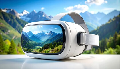 A close-up view of a virtual reality headset showing a landscape. The device is white with a landscape displayed inside the lenses, against a scenic backdrop