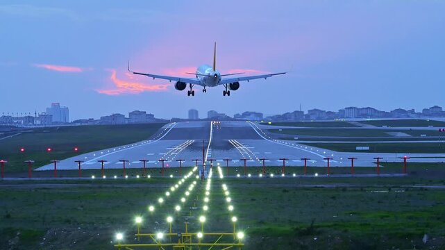 Commercial Twin-Engine Passenger Aircraft Landing in Strong Crosswinds at Sunset