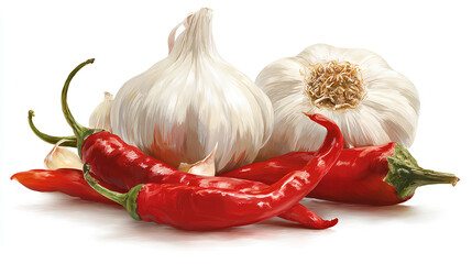 Garlic and peppers chilli isolated on white stock illustration