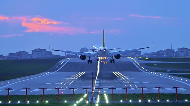 Commercial Twin-Engine Passenger Aircraft Landing in Strong Crosswinds at Sunset