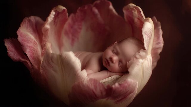 Newborn baby sleeping in flower, new life, purity, innocence, and the gentle beauty of infancy blended with nature.