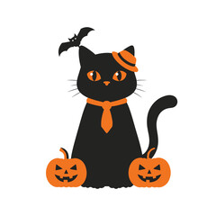 Cute Black Cat with Orange Tie and Hat, Bat, Pumpkins - Halloween Illustration