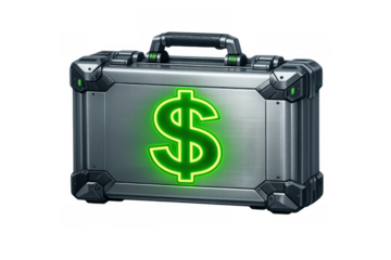 Futuristic metal briefcase with glowing green dollar sign icon for finance, wealth, currency, and secure money transfer