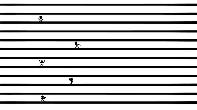 On horizontal lines or floors stand various drawn people or stickerman. They all move from bottom to top.
