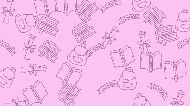 Seamless pattern of books, backpacks, and diplomas suitable for educationalthemed designs such as stationary, gift wrap, or digital backgrounds.