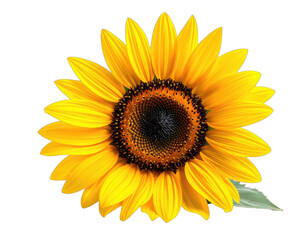 Fototapeta premium Vivid close-up view of a sunflower, petals fanning out, dark center, isolated on black