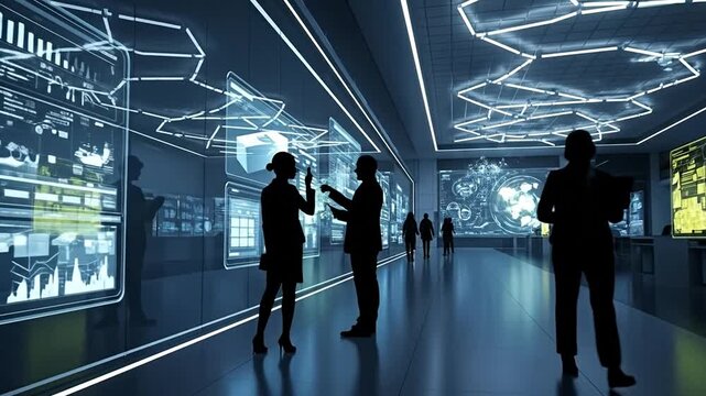 Futuristic Tech Showcase: Silhouetted figures engage with cutting-edge displays in a sleek, modern tech hub, highlighting the dynamism of innovation and collaborative progress.
