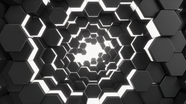 Black and white hexagonal grid morphing rhythmically with expanding geometric patterns abstract motion visual design
