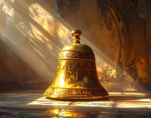Ornate golden bell bathed in dramatic sunlight, indoor scene