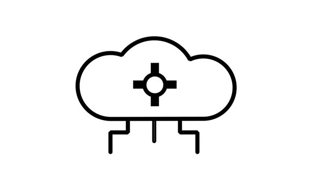 Cloud Computing line animation. Cloud technology icon with crosshair and circuit lines for targeted data storage, network security, and computing.