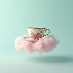 Fototapeta premium A delicate porcelain teacup with a floral pattern rests on a fluffy pink cloud against a pastel blue background.