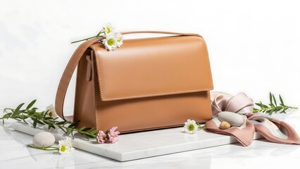 Brown leather purse with flowers.
