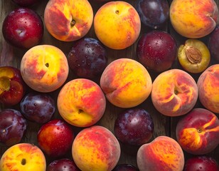 Overhead shot of ripe peaches and plums, arranged on weathered wood