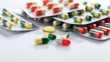 Colorful pills on blister packs medicine.