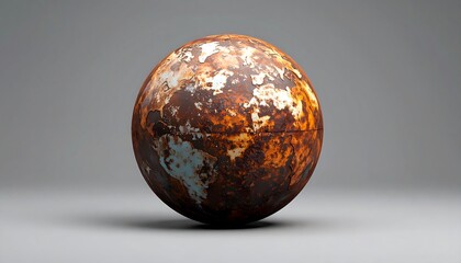 A sphere, appearing metallic, heavily rusted. Patches of color are visible, contrasting with the dark rust