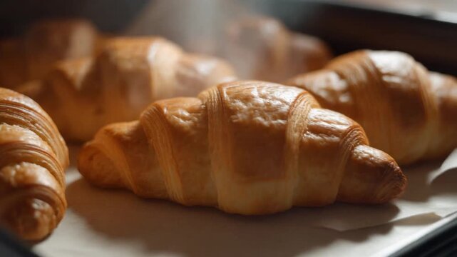Freshly baked croissants displayed on a baking sheet with a warm and inviting glow