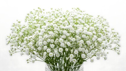 Fresh Bouquet of White Baby's Breath or Gypsophila Flowers in Glass Vase Isolated on White Background