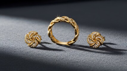 Golden jewelry set with diamond earrings.