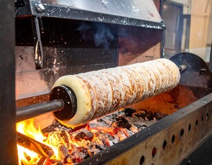 Pastry cooking over open flames on a rotating spit